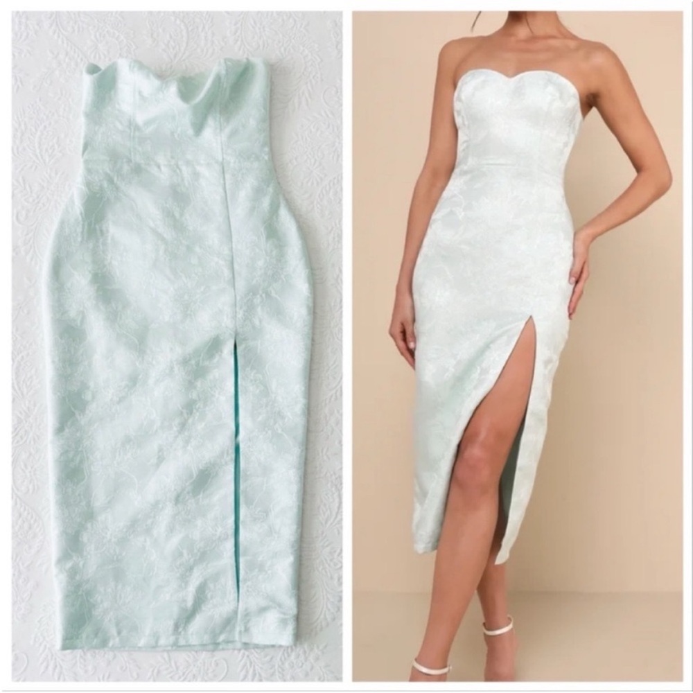 NWOT Lulus Beloved Belle Mint Green Jacquard Strapless Bow Midi Dress Small